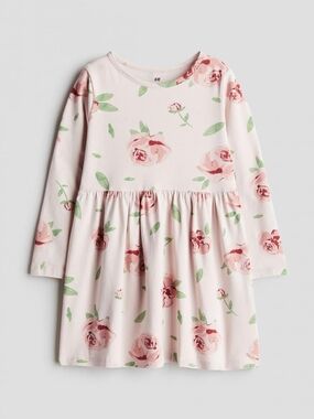 H&M Light Pink Floral Long-Sleeve Kids Soft Cotton Dress, Size 8-10